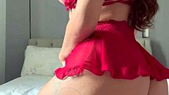 solo crossdresser in fishnets strokes cock on video call