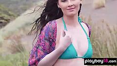 Beautiful Brunette Skylar Leigh Poses Naked in Outdoor Stream with Natural Tits and Pussy