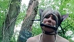 french ponygirl slave bound in forest for outdoor bdsm orgasm play