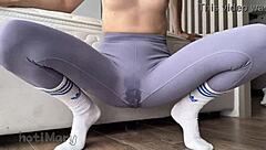 Asian teen squirts multiple orgasms fingering tight leggings pussy closeup