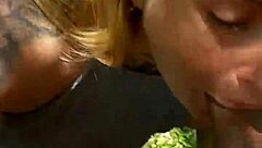 Blonde bombshell gives sloppy kisses and begs for creamy load