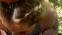 Blonde bombshell gives sloppy kisses and begs for creamy load