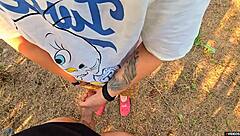 horny milf catches guy jerking helps him cum fast outdoor