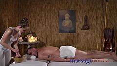 petite nympho massages cock with oiled blowjob handjob