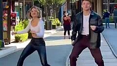 blonde babe sways seductively in tight leggings