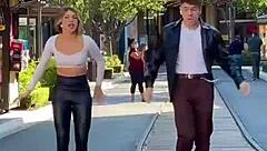 blonde babe sways seductively in tight leggings