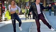 blonde babe sways seductively in tight leggings