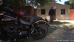 Biker unchained the bound blonde for rough bdsm fucking