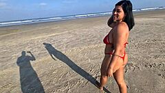 fiery beach pussy fingering with big tits outdoor public