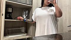 Juicy Big Natural Tits Brunette Masturbates in Hotel Kitchen