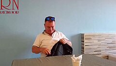 naked waitress serves meal from her navel to horny restaurant guest backstage