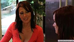 busty milf seduces her sexy brunette friend with kisses and tit play