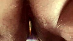 up close curvy hairy pussy takes glass dildo deep