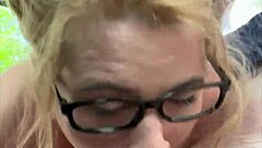 glasses streetwalker gulps cum after deepthroat mouth creampie