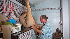 curvy housewife's pussy dominated licked in laundry machine bondage