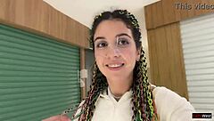 Crazy Brunette Babe Gives Public Blowjob in Mall Toilet Then Cumwalk Covered