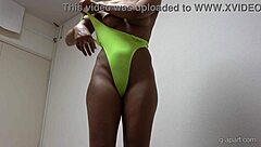 Tanned Japanese Athlete Strips Naked for Yellow Thong Workout