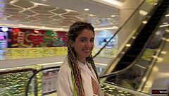 Crazy Brunette Babe Gives Public Blowjob in Mall Toilet Then Cumwalk Covered