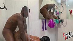 ebony mystikal menace's bubble booty rides bbc hard in sloppy shower doggystyle railing