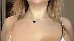 Cosplay bunny squeezes natural big tits tight rabbit toy