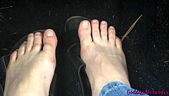 check out this babe pissing on dirty feet then fucking in public bathroom