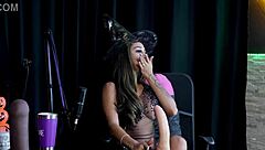 brunette teases blowjob strips tits pussy exhibition