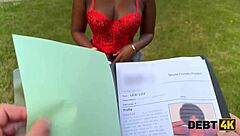 small debt pays with big ebony pussy on desk