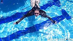 Petite latina jessica bunny swims wet underwater in pool 🏊‍♀️🍑