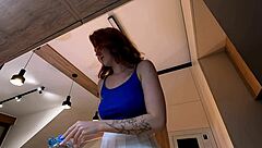 redhead wife shows miniskirt pink panties off