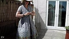 naughty housewife strips naked outdoors garden