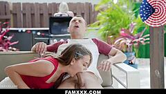 naughty petite teen blows then rides stepbro's cock pov on fourth of july