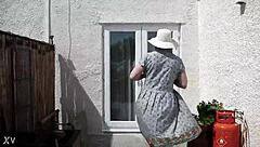 naughty housewife strips naked outdoors garden