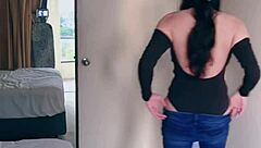 pretty asian ladyboy strips jeans revealing gifted big boobs and ass