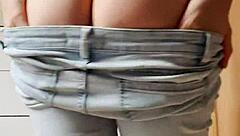 Petite blonde bombshell strips wildly in tight jeans