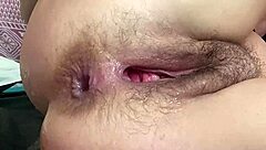 amateur milf's hairy pussy squirts wildly from anal creampie in lingerie