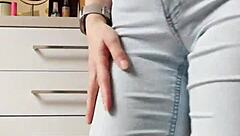 Petite blonde bombshell strips wildly in tight jeans