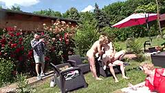 Mature slut gangbanged anally in public chaos