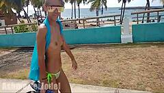 Hairy Latina Flashes Wet Pussy Underwater Beach Adventure