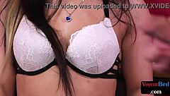 Dom office babe in lingerie stockings heels watches cfnm jerker