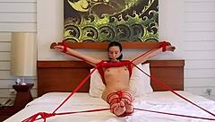sofi's red ropes bind her tight on bed