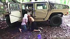 Sexy Brunette 18+ Strips for Army Threesome Outdoor Fuck!