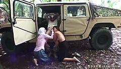 Sexy Brunette 18+ Strips for Army Threesome Outdoor Fuck!