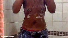 Ginger's wet soapy nipples tits belly closeup in ripped jeans