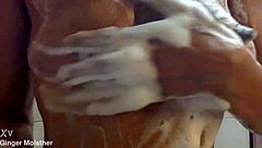 Ginger's wet soapy nipples tits belly closeup in ripped jeans