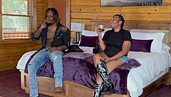 Sexy oiled babe rides big black cock cowgirl style