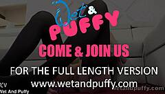 angelic brunette fingers wet puffy pussy to intense orgasm