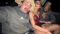 blonde cutie tricks two guys into car ride pussy play?