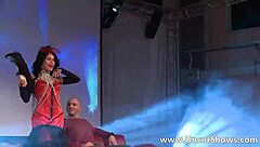 brunette strips red lingerie in public outdoor tease