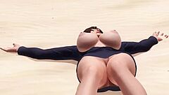 Erotic big ass secretary poses topless on beach in skirt panties