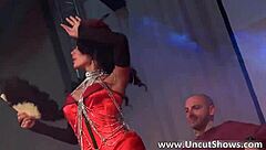 brunette strips red lingerie in public outdoor tease